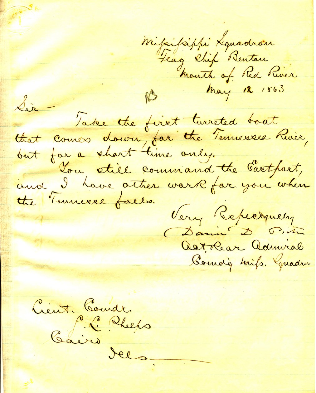 1863年5月12日红河口的本顿号美国军舰David D. Porter给伊利诺伊州开罗的Seth Ledyard Phelps的信。 作者 大卫·D·波特
