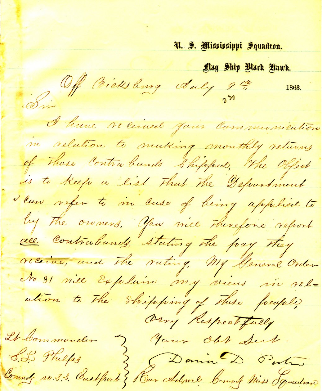 1863年7月9日美国黑鹰号在维克斯堡附近给美国东港号指挥官Seth Ledyard Phelps的信，David D. Porter 作者 大卫·D·波特