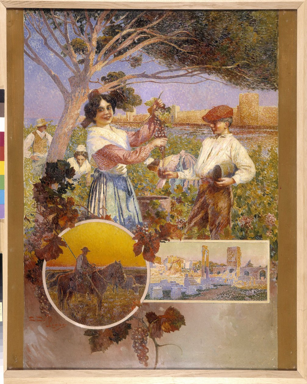 Aigues Mortes（Aigues-Mortes），阿尔勒，卡马格：一位年轻女子展示她刚从葡萄园采摘的一串美丽的葡萄。大卫-德尔皮安（David Dellepiane，1866-1932 年），点彩画。必须提及：普罗旺斯问候基金会收藏，马赛（厘米 1 作者 戴维·德勒皮安妮