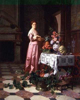 桌子上有水果和鲜花的女士 作者 David Emil Joseph de 和 Knarren P. Noter