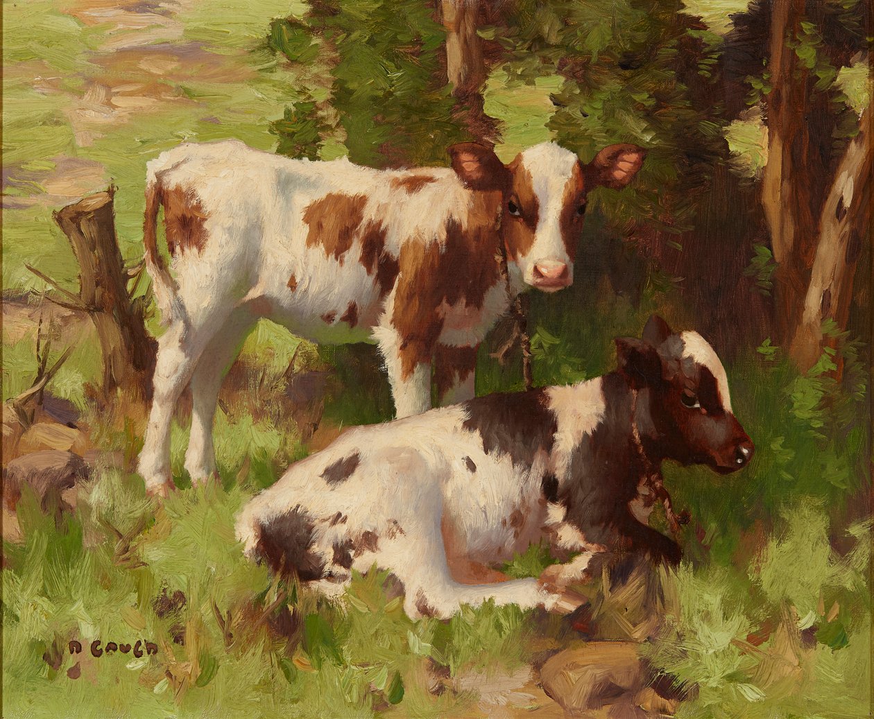 夏日风景中的小牛（布面油画） 作者 大卫·高尔德