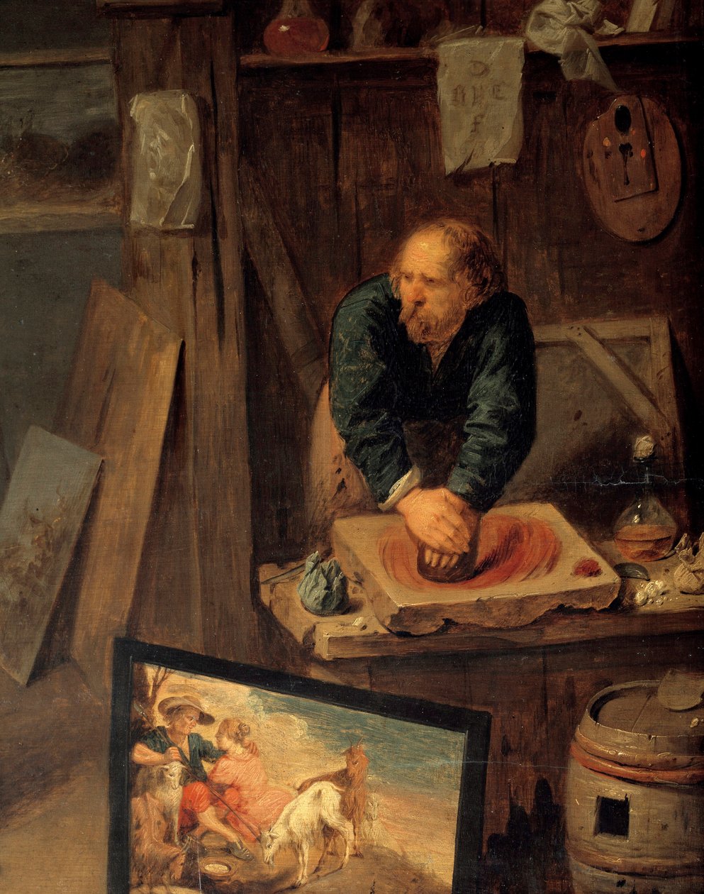 画家工作室与模特摆姿势和磨色机细节。David III Ryckaert（1612-1661）的画作，Ec.弗拉姆 作者 戴维三世·雷卡特