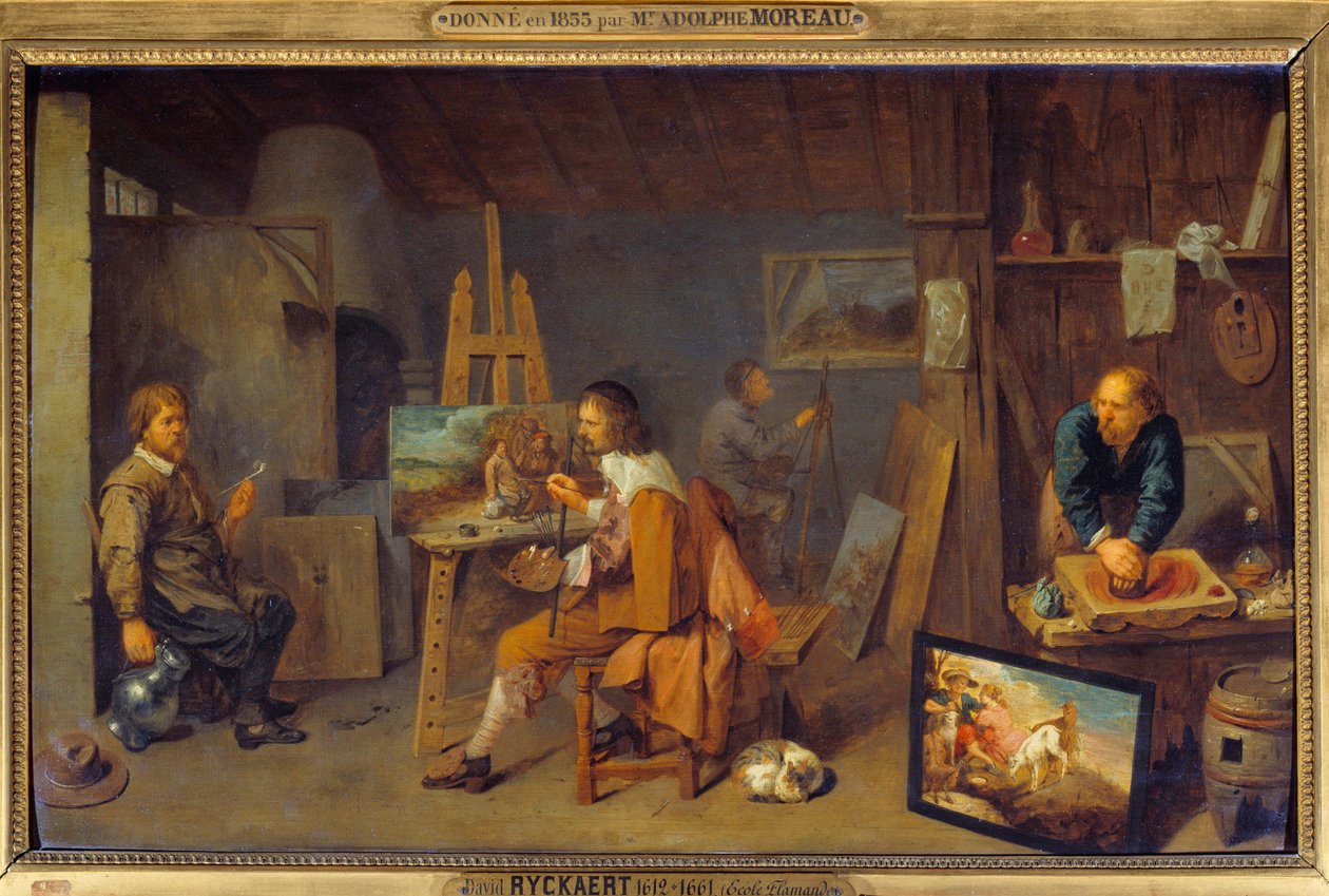 有摆姿势模型和彩色磨床的画家工作室。 David III Ryckaert (1612-1661) 的绘画，Ec。 火焰 作者 戴维三世·雷卡特