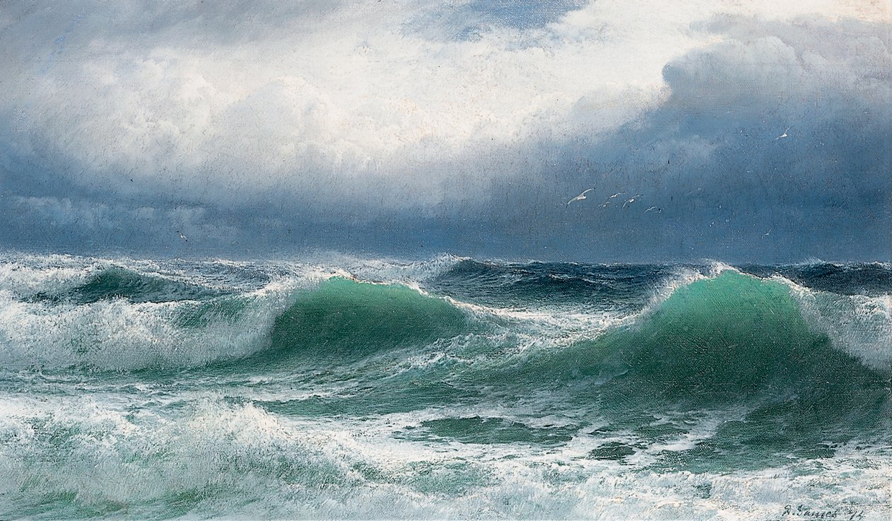 波涛汹涌的大海，带半透明的破碎锤，1894年 作者 大卫詹姆斯