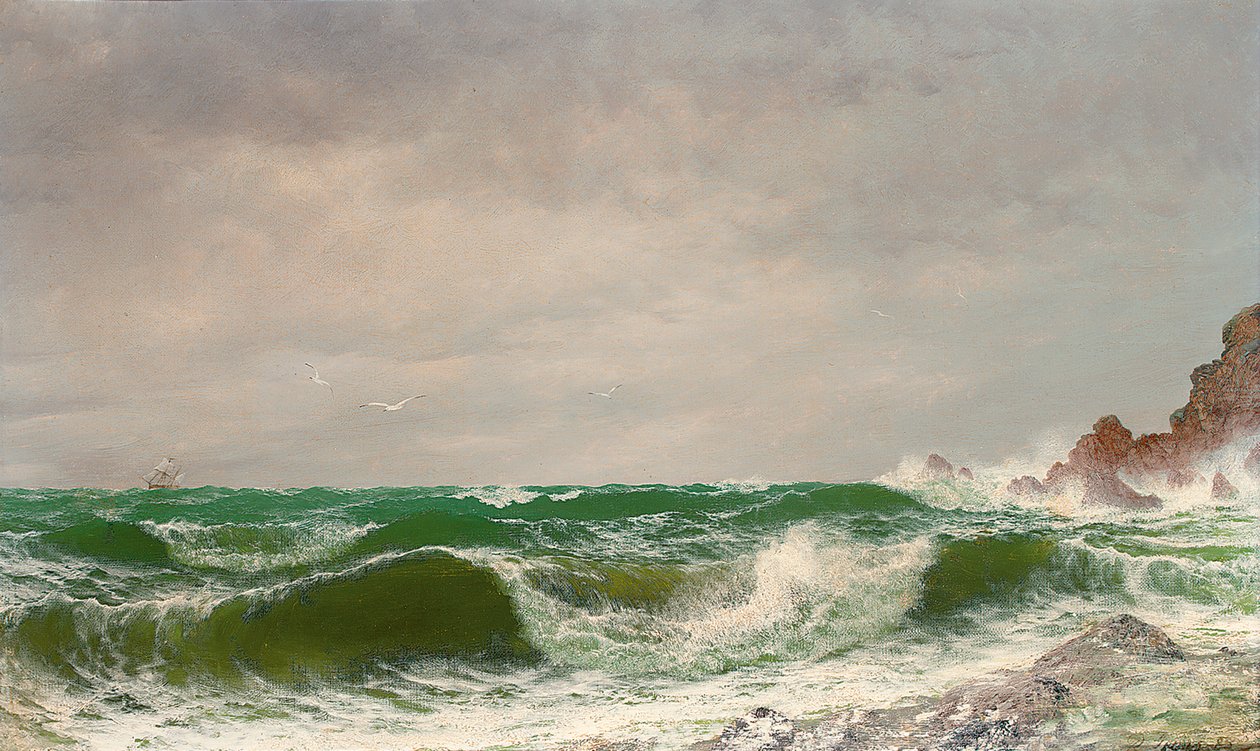 海浪拍打在岩石海岸，1885年 作者 大卫詹姆斯