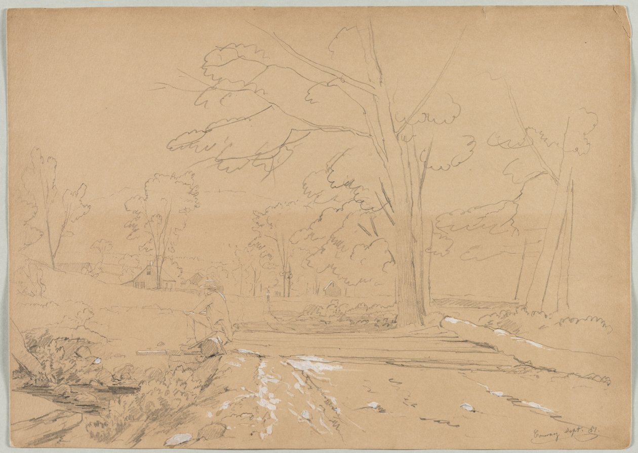 1851年，康威，新罕布什尔州，与人钓鱼的风景。 作者 戴维·约翰逊