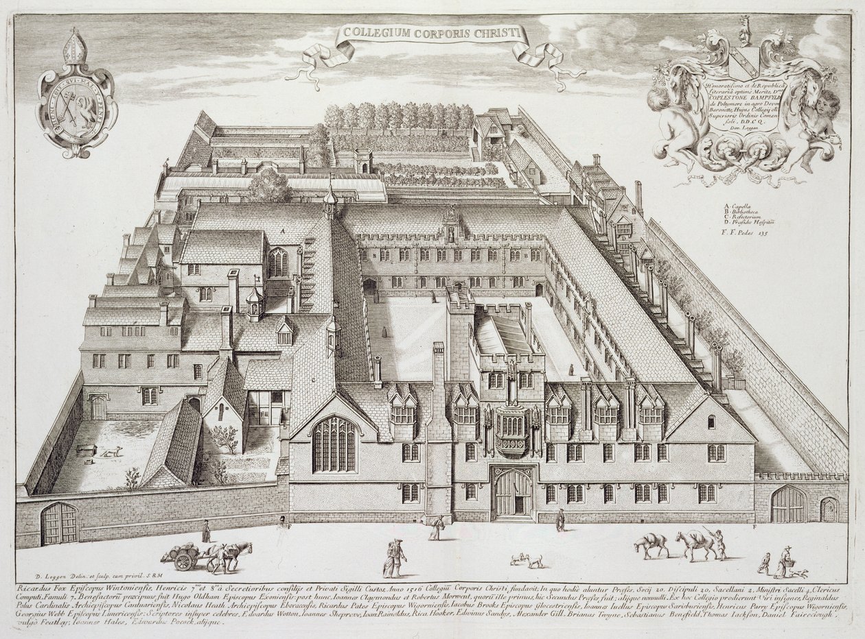 牛津大学圣体学院，摘自《牛津大学画报》，1675年出版（雕刻）。 作者 大卫·洛根（David Loggan）