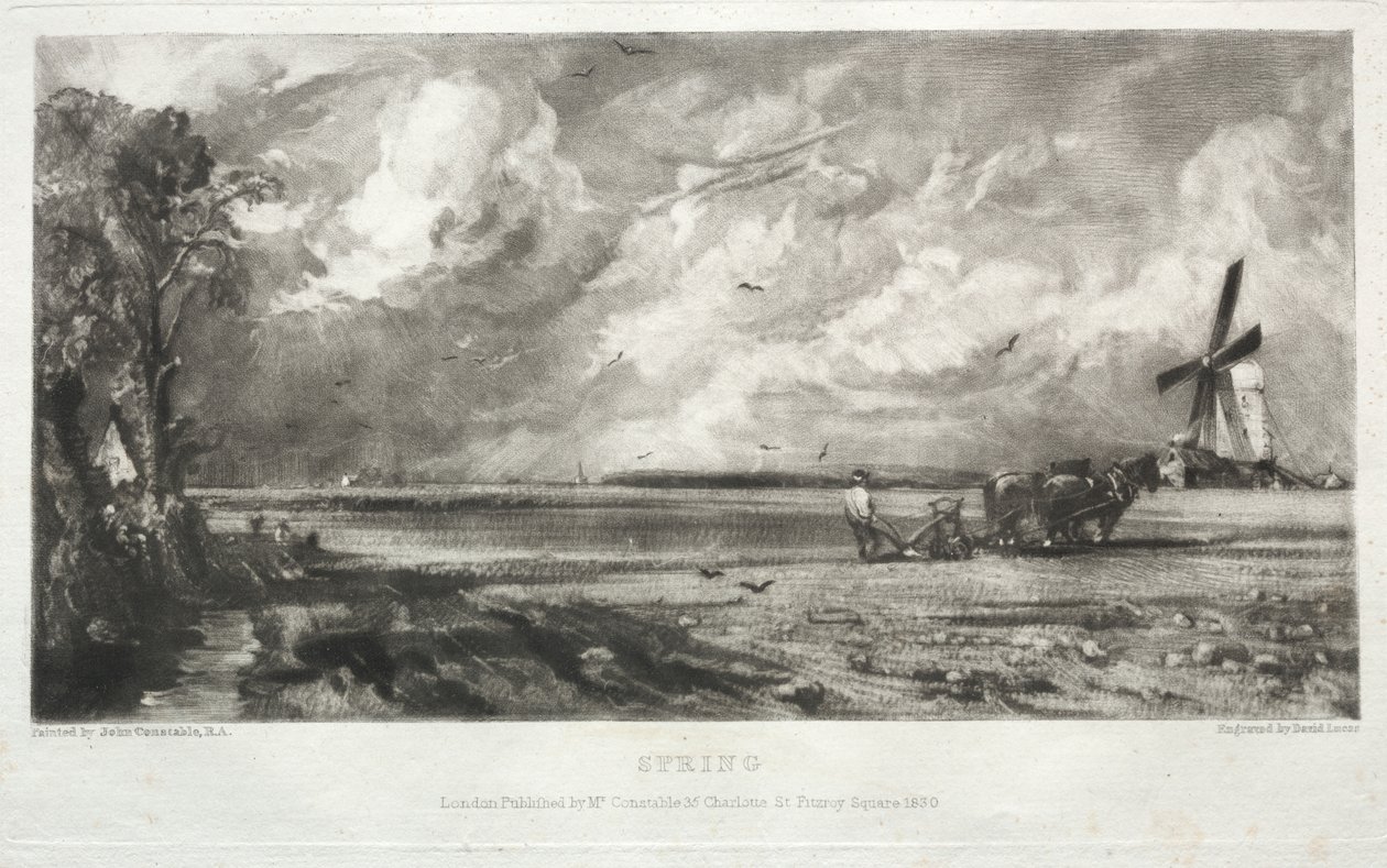约翰-康斯特布尔（John Constable, R.A.）绘制的英国风景画中的各种风景主题：春天。  公地上的磨坊  冰雹  萨福克郡东贝格霍尔特 作者 大卫卢卡斯