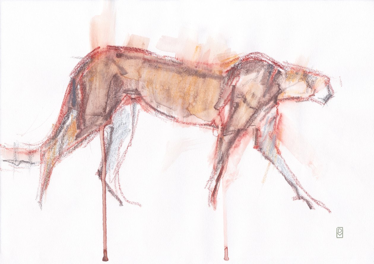 猎豹狩猎，2019（纸上蜡笔/水彩画） 作者 大卫·迈耶