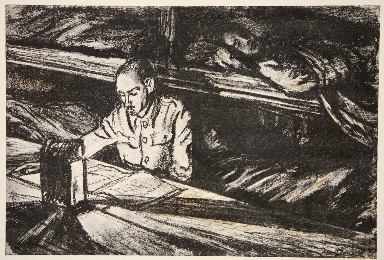 夜间的医院船：勤务兵》，插图选自《西线》，乡村生活有限公司出版 作者 大卫·缪尔黑德骨头