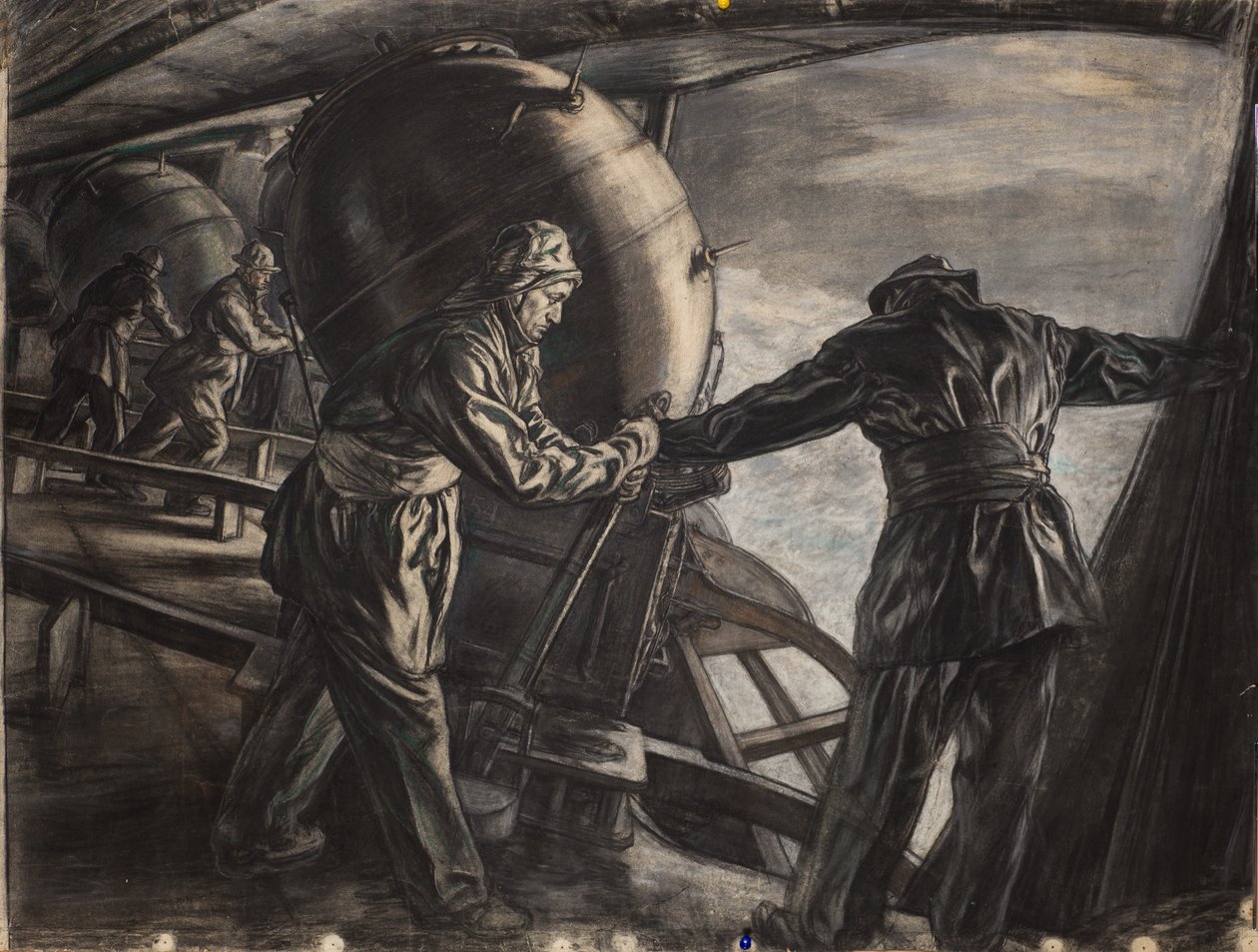 冰岛近海冬季布雷研究》，约 1942 年（纸上炭笔和彩色粉笔） 作者 大卫·缪尔黑德骨头