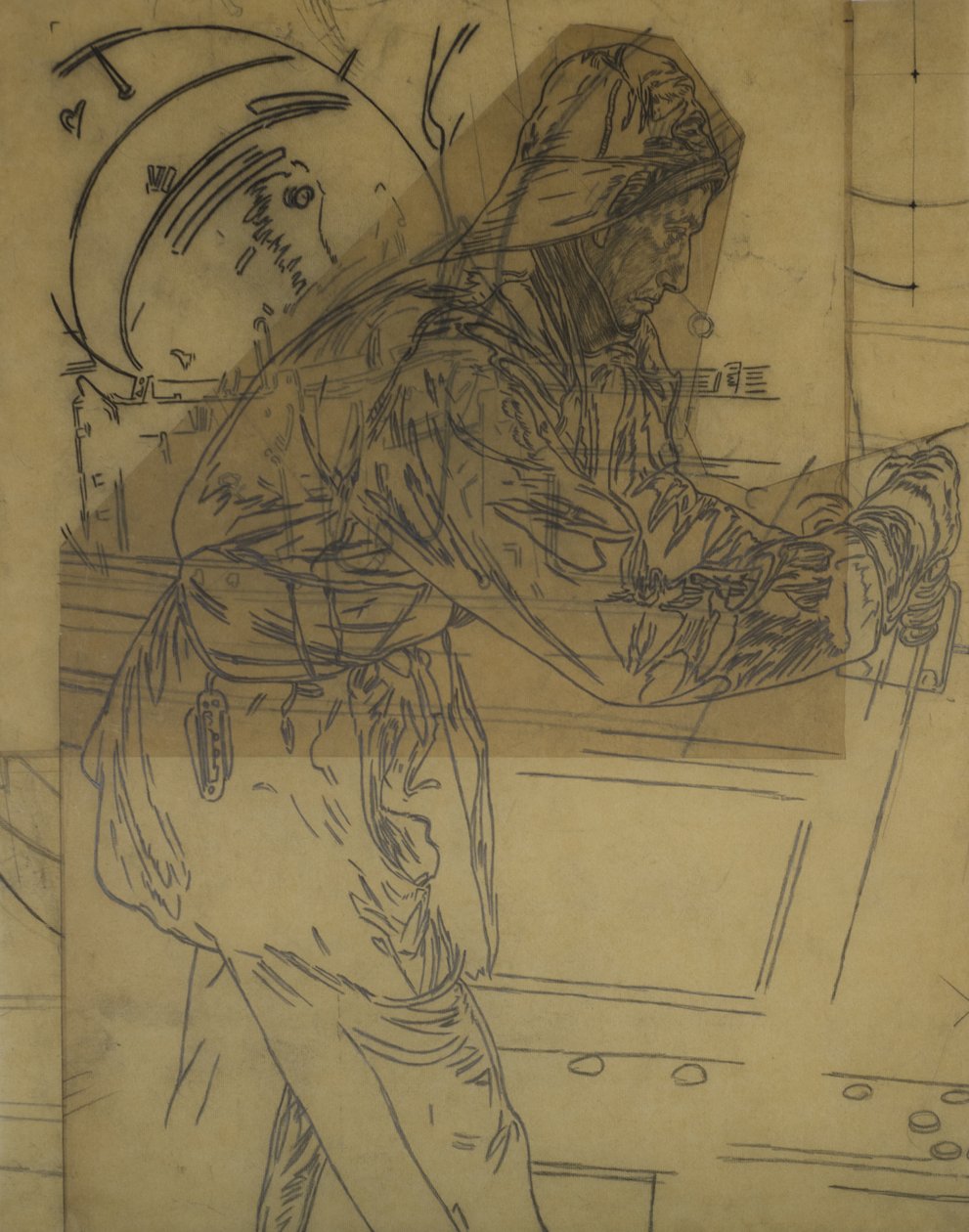 冰岛近海冬季布雷研究》，约 1942 年，cat 6（描图纸上的碳素铅笔） 作者 大卫·缪尔黑德骨头