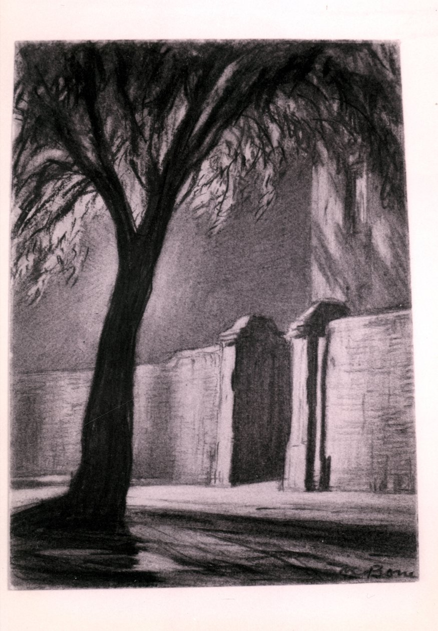 郊区之夜，约 1920 年（木炭画） 作者 大卫·缪尔黑德骨头