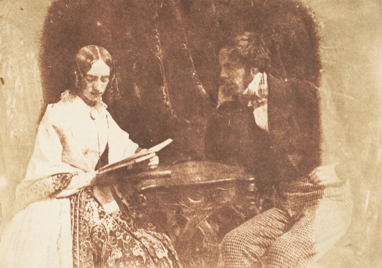 夫妇坐着，女人在阅读，1843-47。创作人：David Octavius Hill, Robert Adamson, Hill & Adamson. 作者 希尔和亚当森