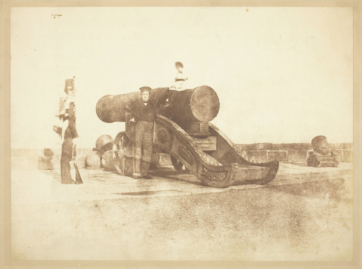 爱丁堡城堡的大炮 "Mons Meg "和 1846 年驻守城堡的苏格兰皇家第二营的一名士兵 作者 大卫·奥克塔维斯·希尔