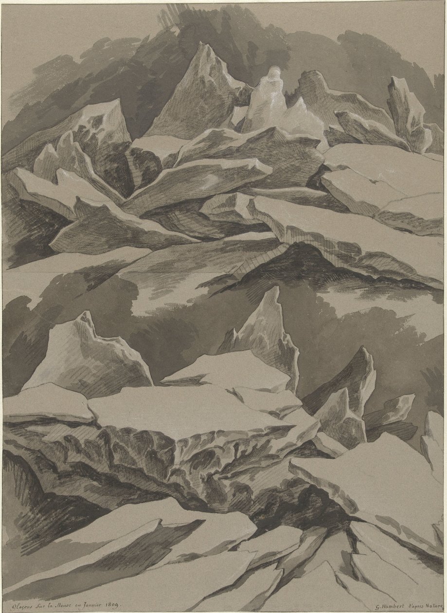 马斯河上的浮冰，1809 年 1 月 Glaçons sur la Meuse en Janvier 1809（物品上的标题） 作者 David Pièrre Giottino Humbert de Superville（艺术家签名）