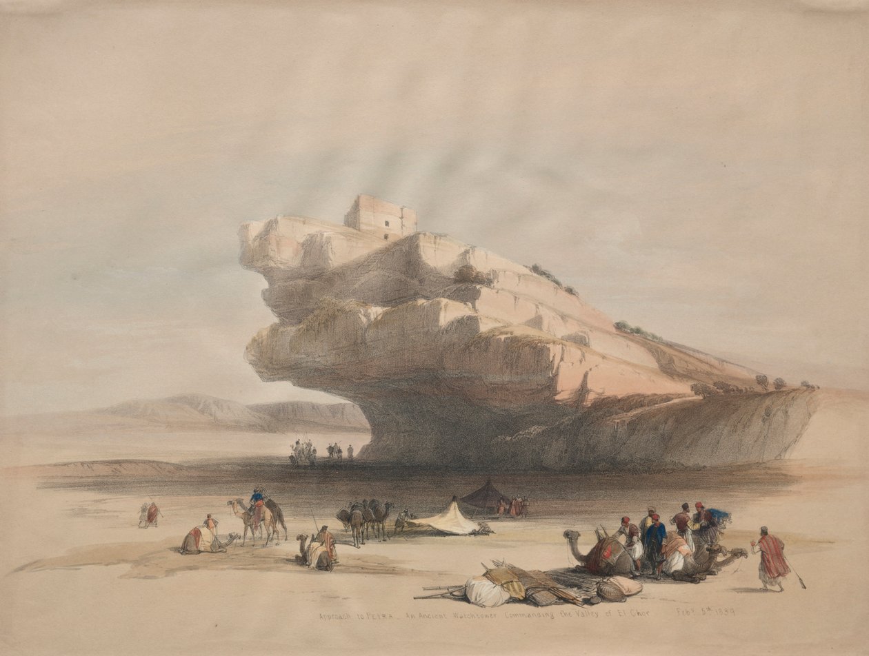 通往佩特拉（Petra），一座古老的守望塔，指挥El Chor山谷，1839年。 作者 大卫·罗伯茨