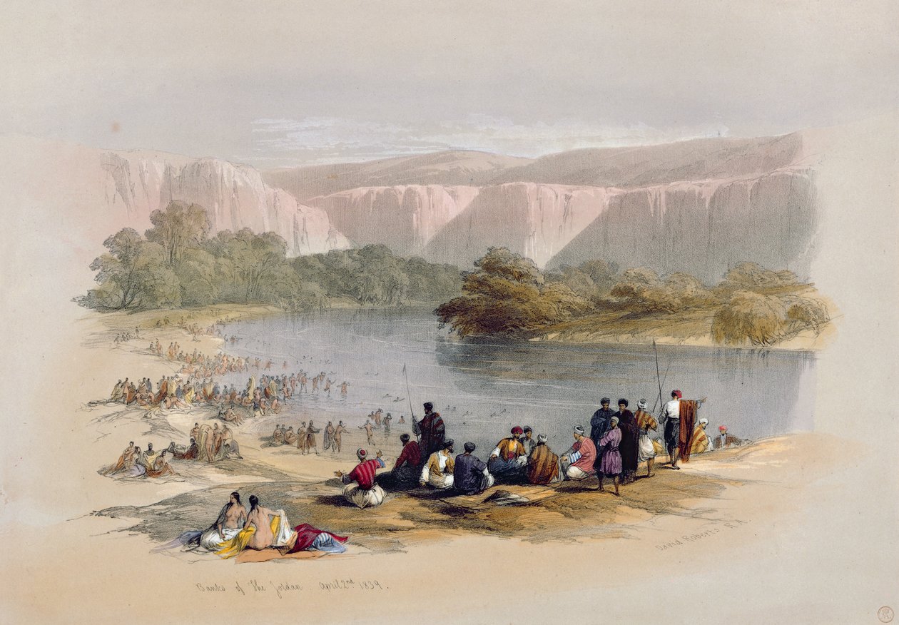 约旦的银行，1839年4月2日，在“圣地”第二卷中排名48，由Louis Haghe（1806-85）酒吧刻。 1843 作者 大卫·罗伯茨