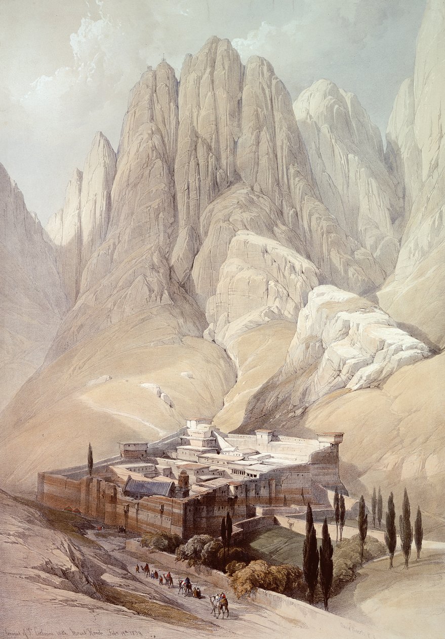 1839年2月19日，圣凯瑟琳修道院与霍雷布山，“圣地”第三卷第118页，由路易斯哈格（1806-85）镌刻。 作者 大卫·罗伯茨