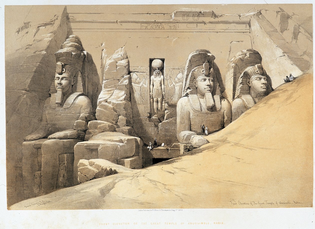 阿布辛贝勒（Aboosimbel，Abu或Abu Simbel）大庙的正面立面，努比亚（Nubia）的《圣地》，伦敦1849年 作者 大卫·罗伯茨