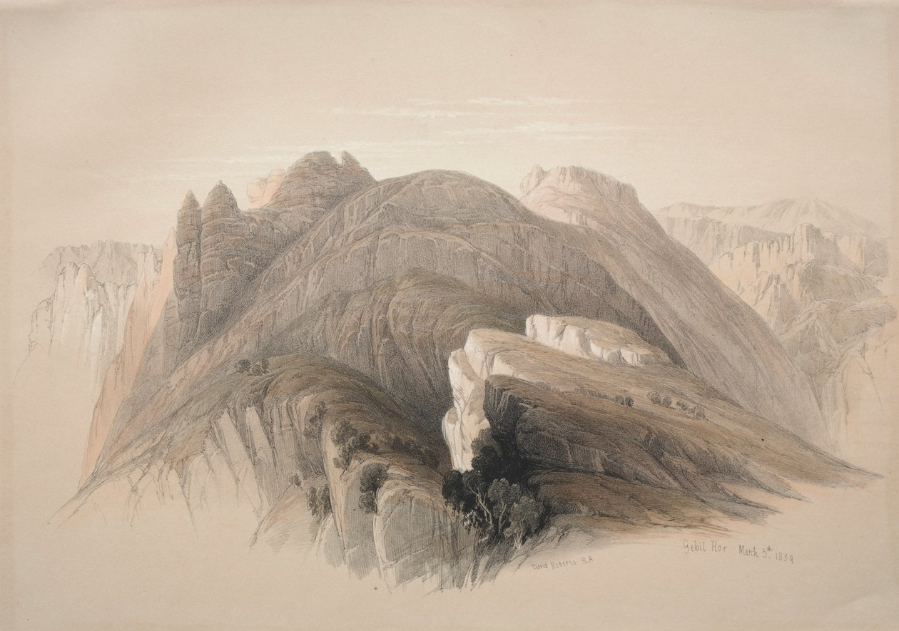 Gebil Hor。霍山（Mount Hor），来自佩特拉悬崖环绕，1839年。 作者 大卫·罗伯茨