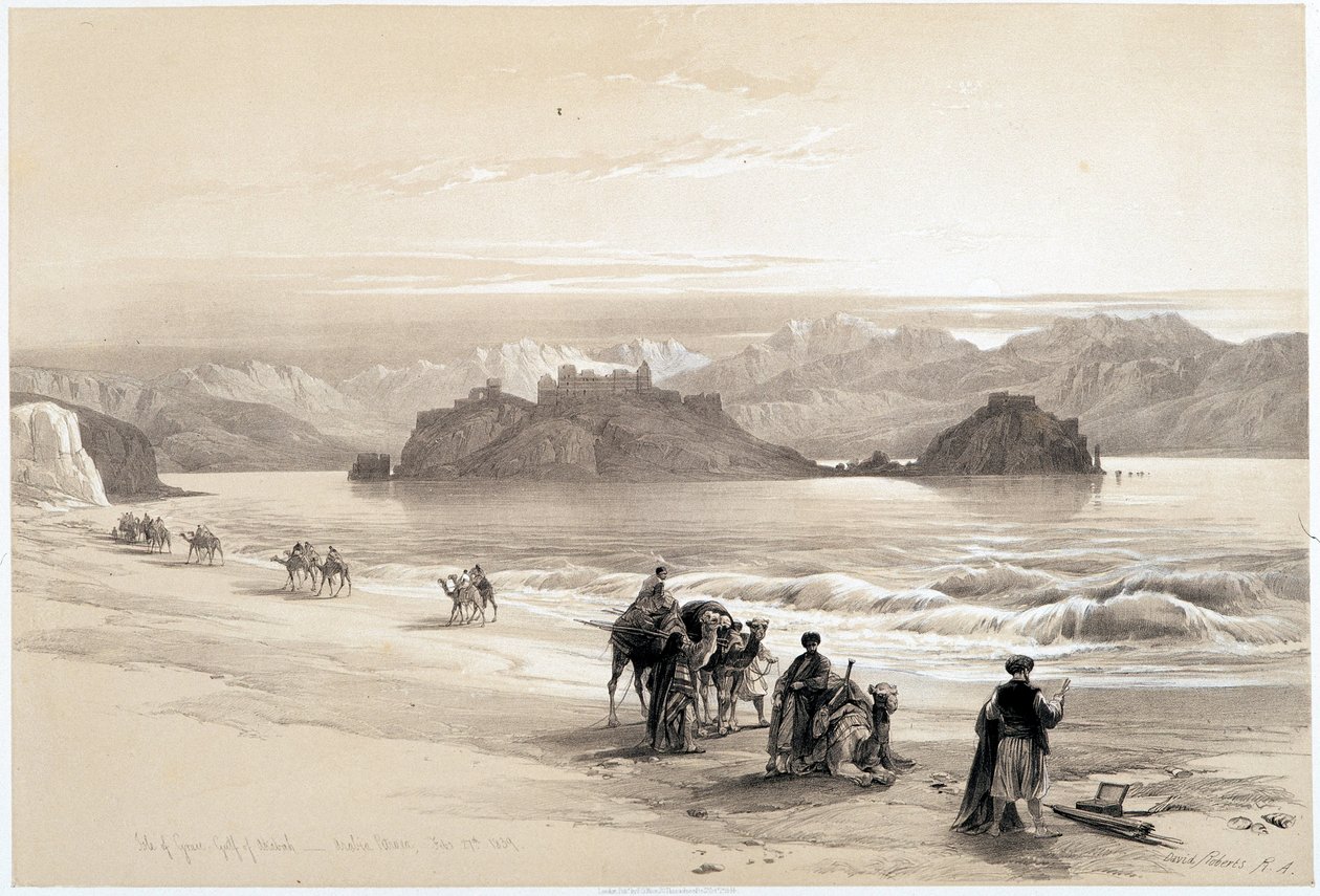 格莱亚岛，阿卡巴湾（阿卡巴或亚喀巴），1839 年 2 月 27 日在“圣地”绘制，1849 年伦敦 作者 大卫·罗伯茨