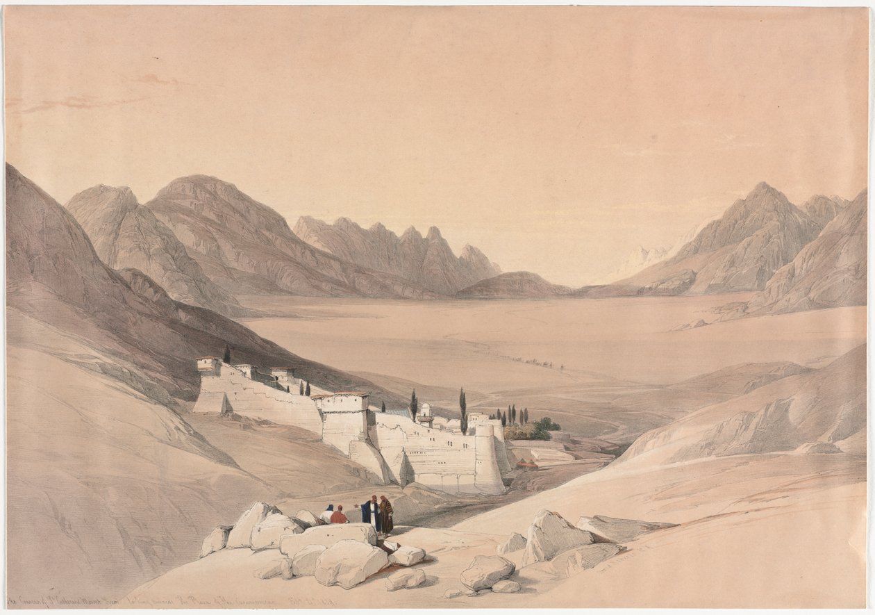 西奈山圣凯瑟琳修道院，朝着营地平原眺望，1839年。 作者 大卫·罗伯茨