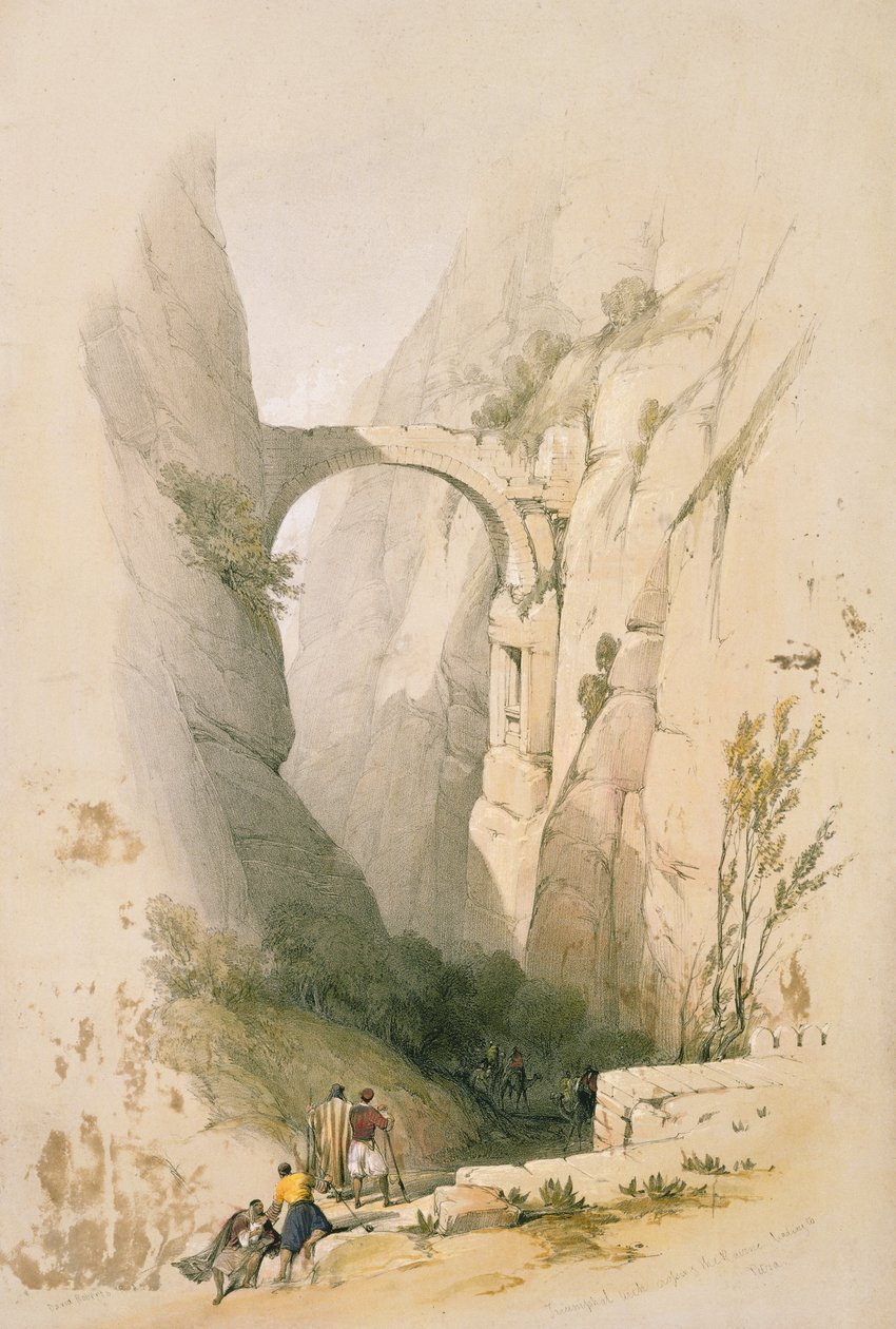 凯旋门穿过峡谷通往佩特拉，从“圣地”第三卷第95块，由Louis Haghe（1806-85）酒吧刻。 1849年 作者 大卫·罗伯茨