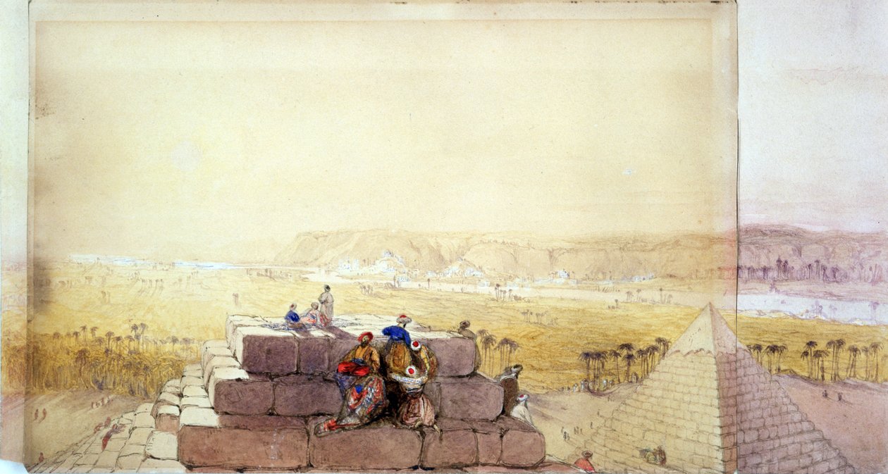 金字塔的景色" 仿大卫-罗伯茨（David Roberts，1796-1864 年）的水彩画，苏格兰艺术家和东方学家。古埃及考古 作者 大卫·罗伯茨