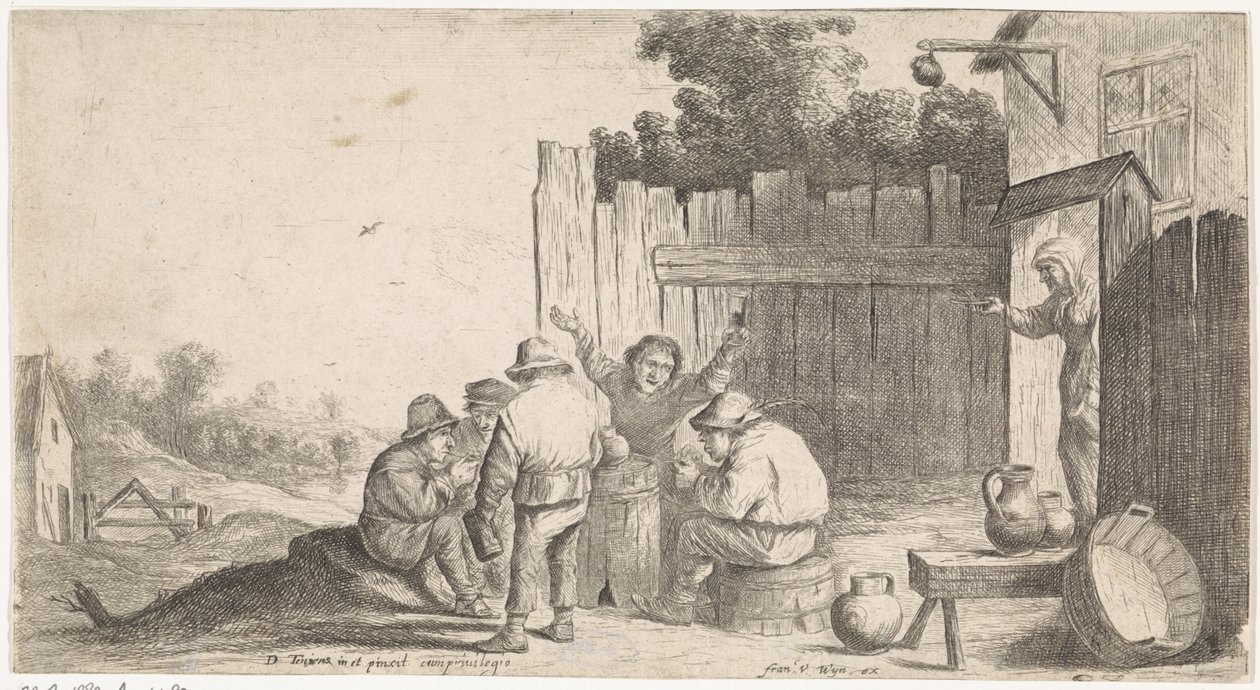 五个农民围着一个木桶
露天场景（系列名称） 作者 David Teniers (II)（归属于车间）