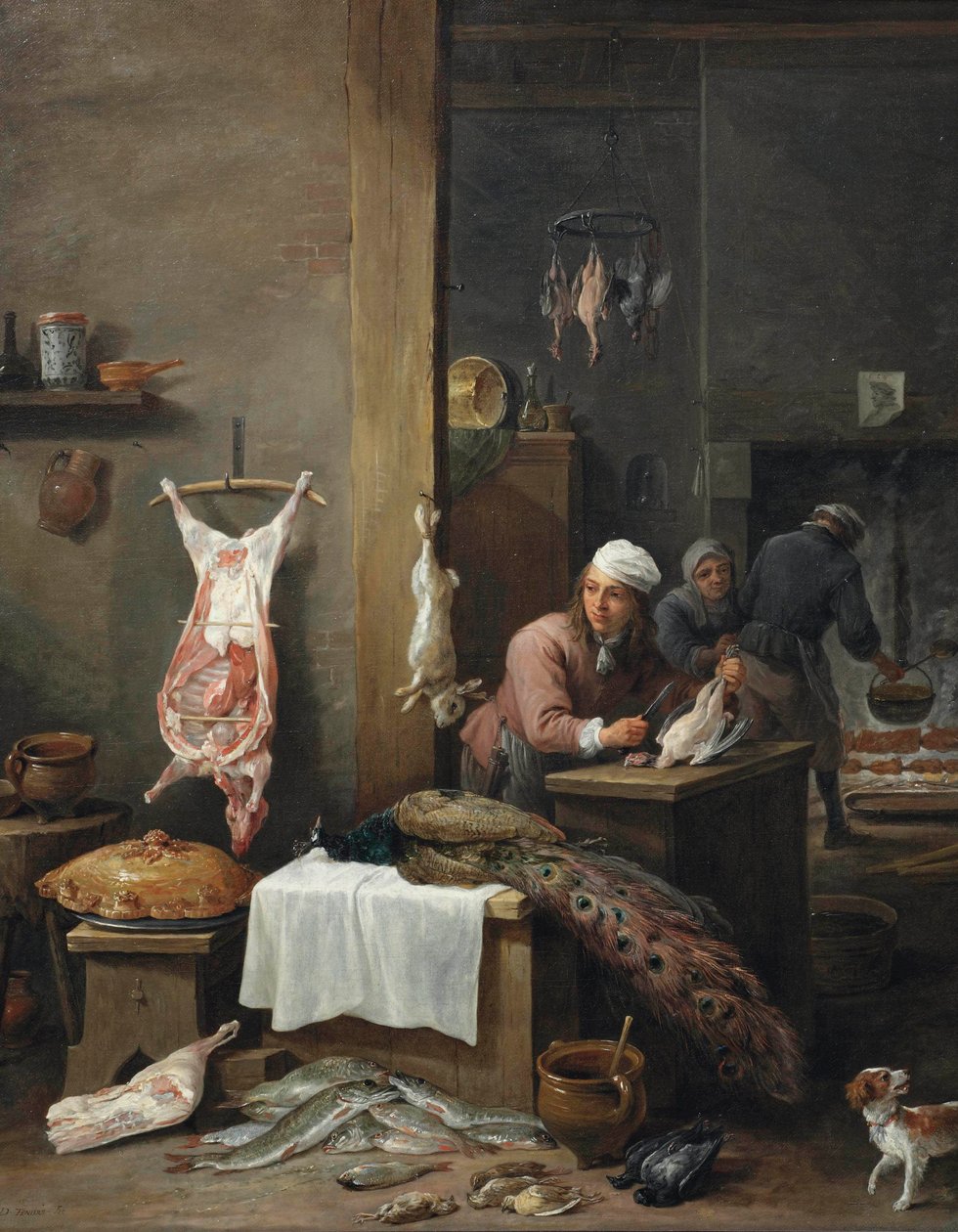厨房内景，厨师在桌边准备野味（Le Cuisinier Flamand） 作者 大卫·特尼尔斯（David Teniers）