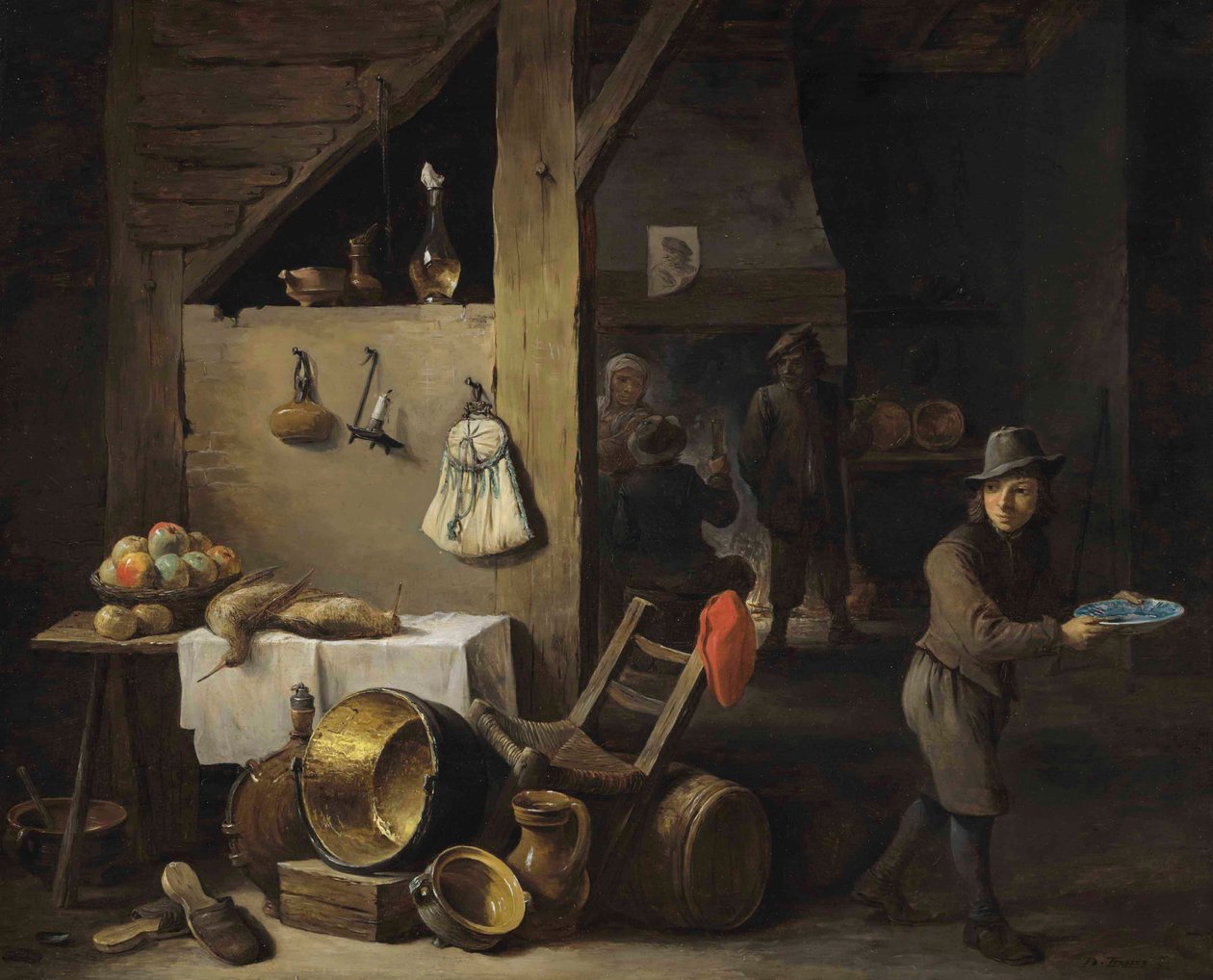 厨房内部，一个小男孩和三个人在喝酒抽烟 作者 大卫·特尼尔斯（David Teniers）