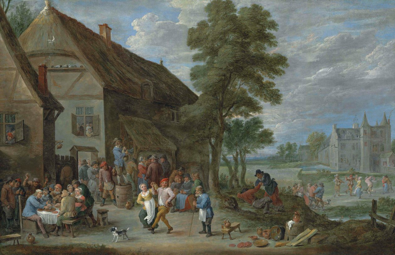 农民在 Perck 的一家客栈外跳舞，客栈外是 Kasteel de Drij Toren 作者 大卫·特尼尔斯（David Teniers）