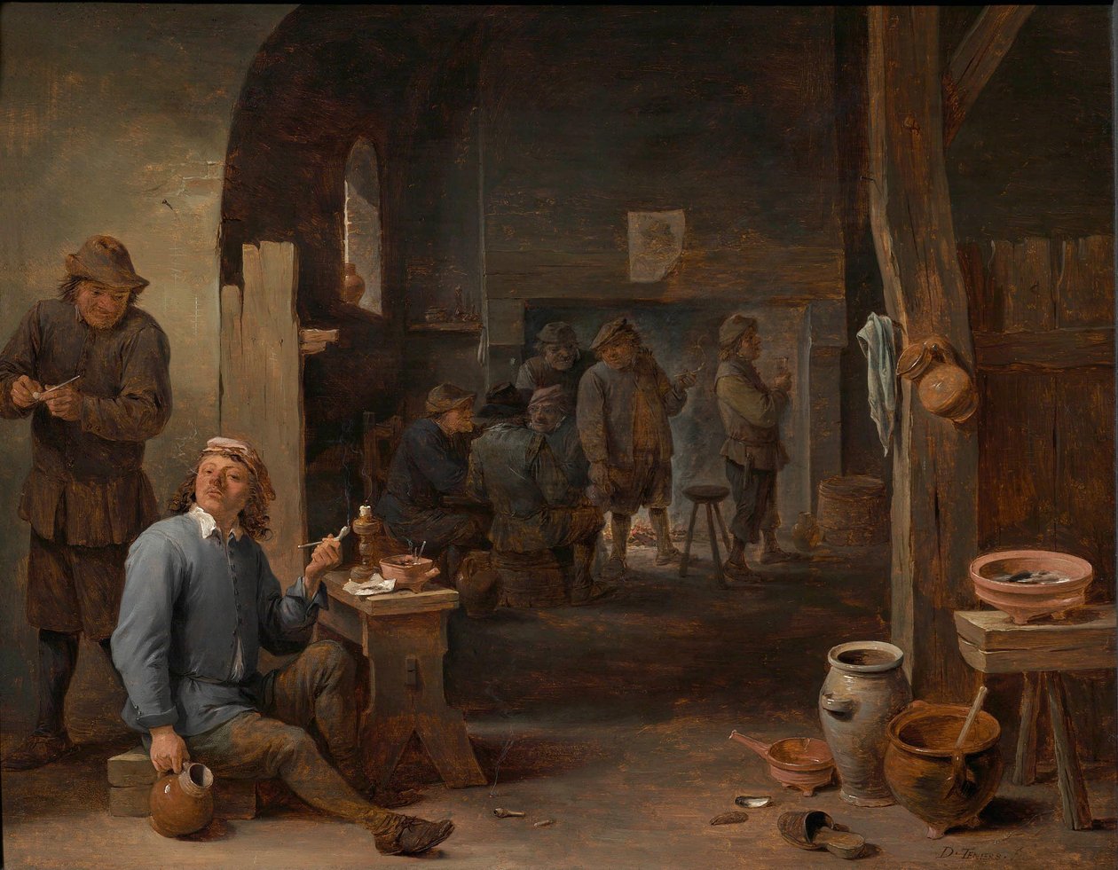 客栈内部，农民在桌边吸烟，在篝火前交谈 作者 大卫·特尼尔斯（David Teniers）