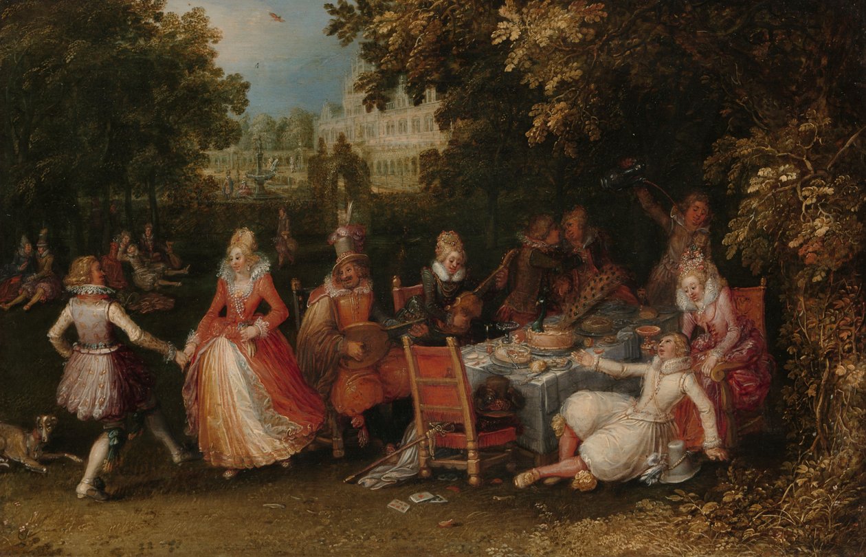 花园聚会》，约1610年（油画板）。 作者 戴维·温克伯恩斯（David Vinckeboons）