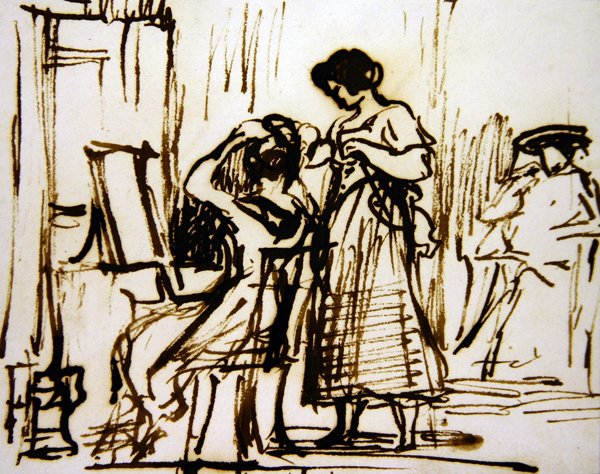 室内有一个女人在梳妆（纸上水墨）。 作者 大卫威尔基