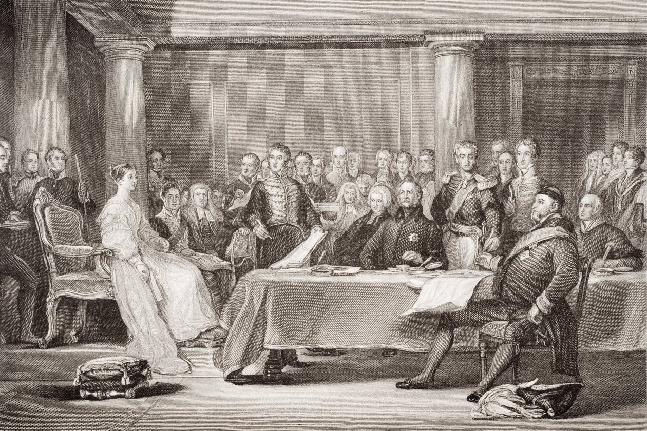 维多利亚女王的第一个议会，肯辛顿宫，1837年6月21日，来自“英国和苏格兰历史插图”第二卷 作者 大卫威尔基