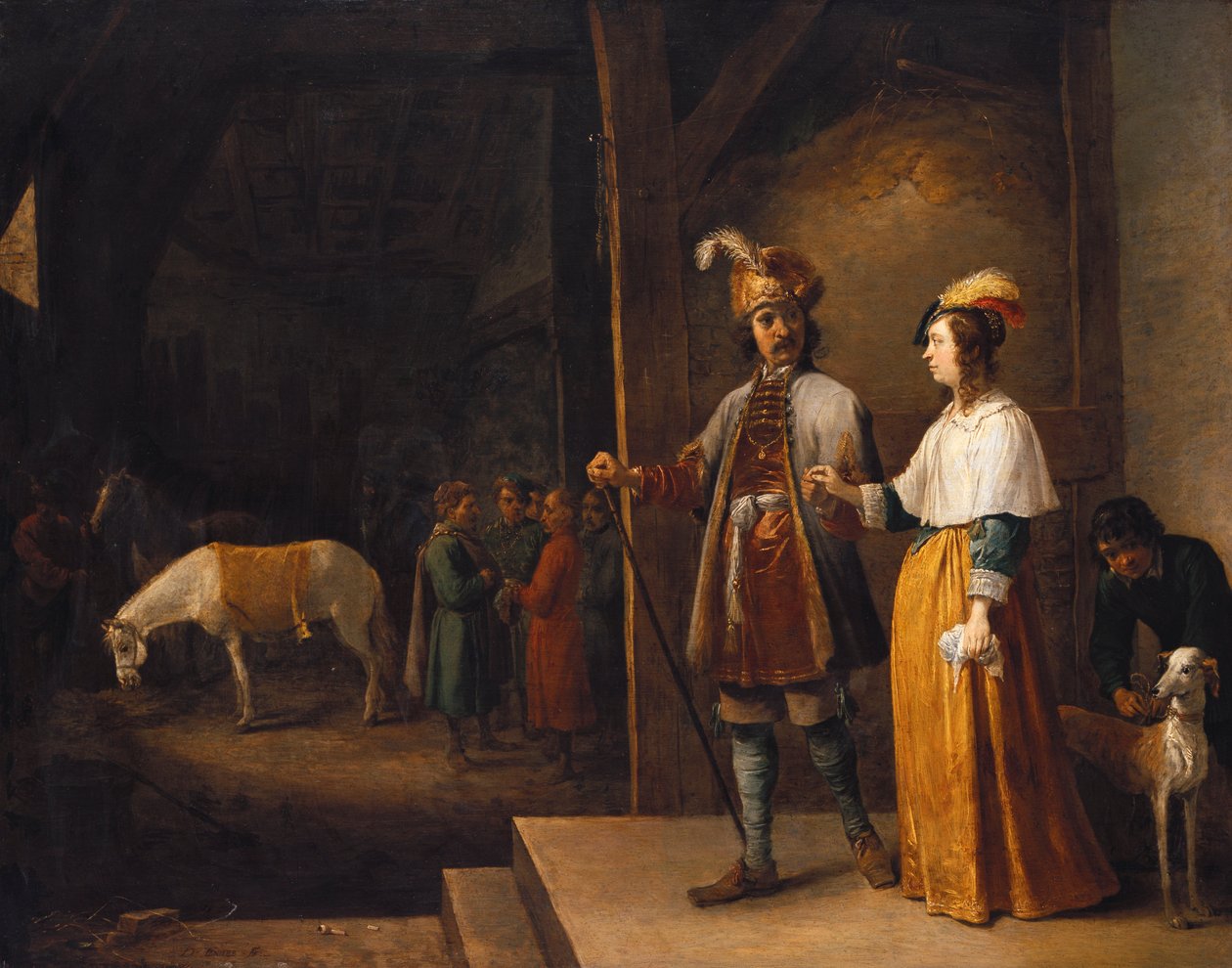 一位女士和一位绅士进入马able 作者 大卫·特尼尔斯（David Teniers）