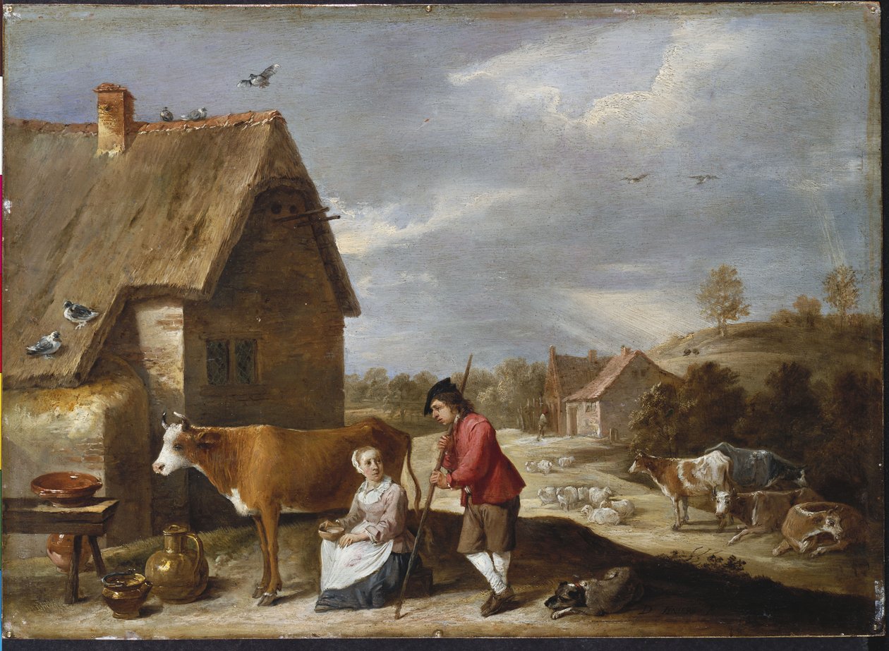 小屋外的挤奶女仆和牧羊人，1640年代后期 作者 大卫·特尼尔斯（David Teniers）