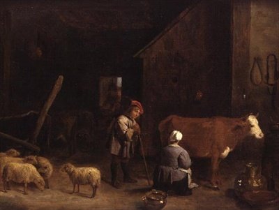 牧童在牛棚里与挤奶女工交谈 作者 大卫·特尼尔斯（David Teniers）