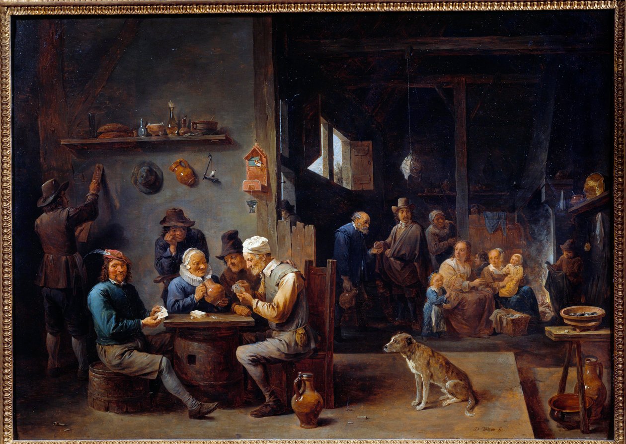 旅店里的纸牌游戏 绘画flam.由David Teniers II le Jeune (1610-1690) 1645年，太阳。0,62x0,87米 格勒诺布尔，艺术博物馆 作者 大卫·特尼尔斯（David Teniers）