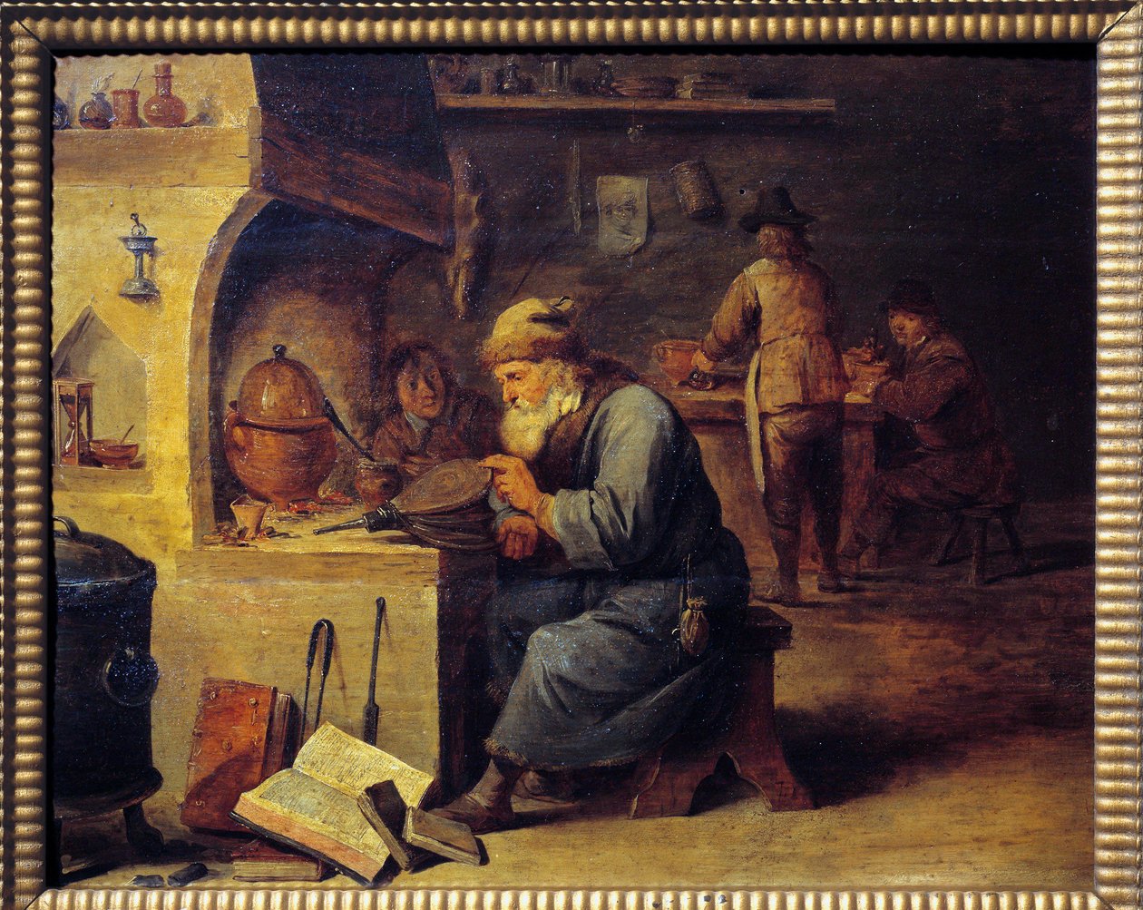 炼金术士。 David Teniers II 的绘画说 David Le Jeune (1610 - 1690), Ec。 火焰 作者 大卫·特尼尔斯（David Teniers）