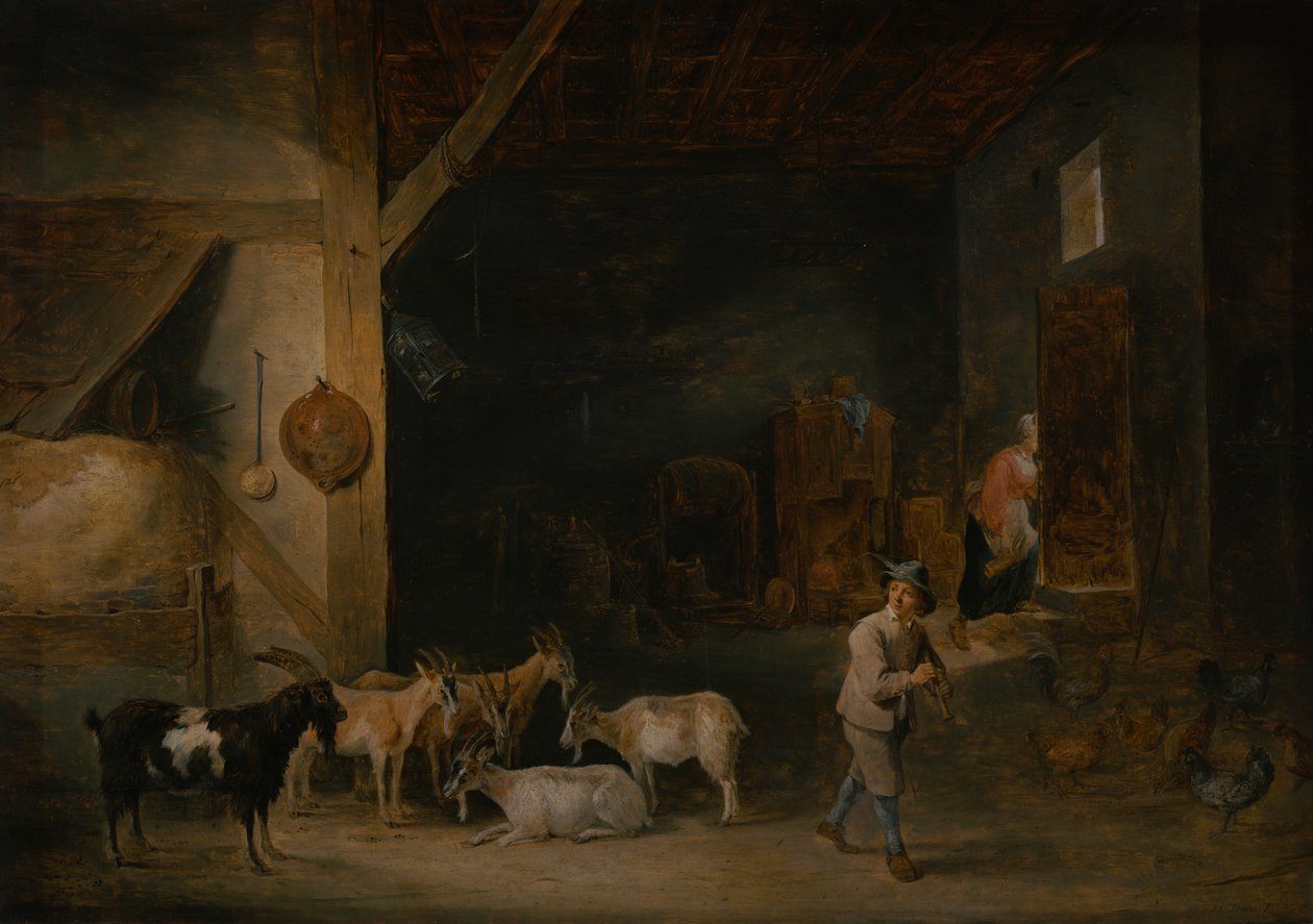谷仓与山羊和一个男孩玩录音机，c.1640-45 作者 大卫·特尼尔斯（David Teniers）