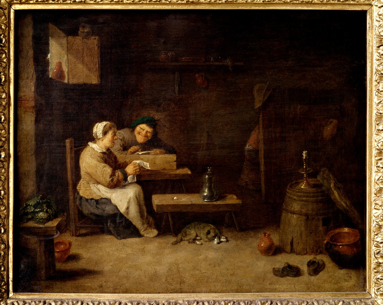 Restaurant Interieur 佛兰芒客栈里的两个怪诞人物。 David Teniers II the Younger (1610-1660) 17 世纪的绘画。 0.23x0.28 m 巴黎，卢浮宫 作者 大卫·特尼尔斯（David Teniers）