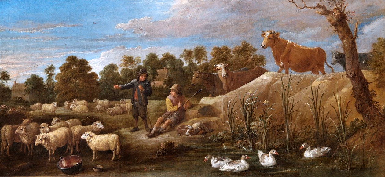 有两个牧羊人、牛和鸭子的风景（布面油画） 作者 大卫·特尼尔斯（David Teniers）