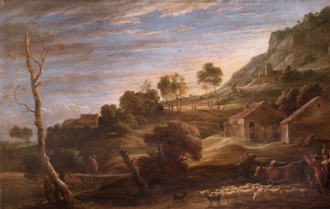 农民赶牛的风景，约 1670-90 年（布面油画） 作者 大卫·特尼尔斯（David Teniers）