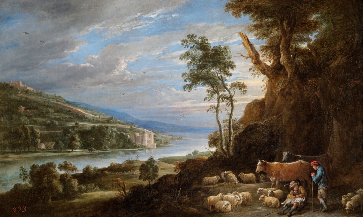 有牧羊人和城堡远景的风景（布面油画） 作者 大卫·特尼尔斯（David Teniers）