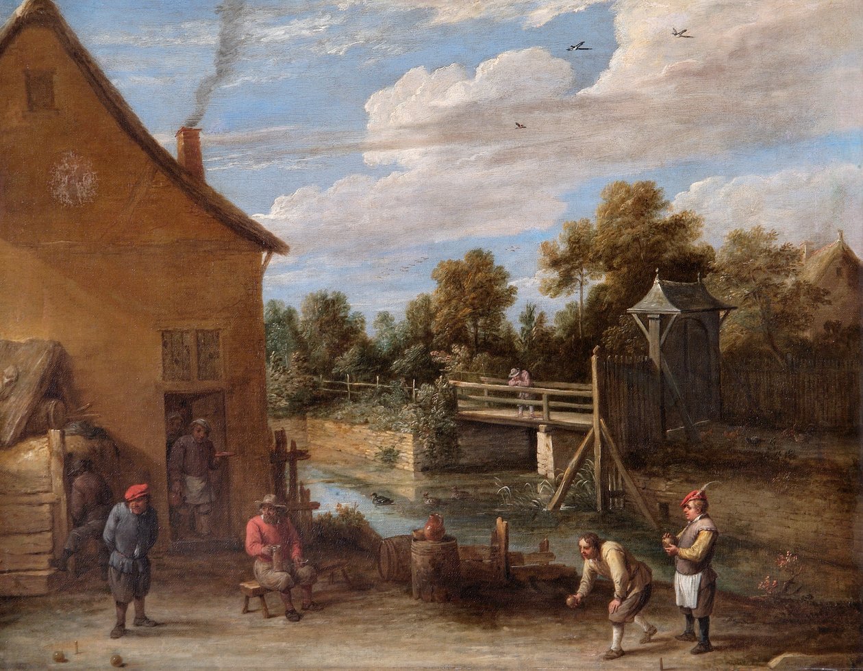 农民在河边客栈前打碗（布面油画） 作者 大卫·特尼尔斯（David Teniers）