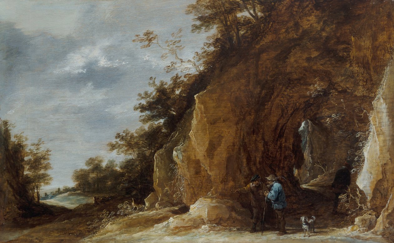 农民在岩石树木繁茂的小路上休息 作者 大卫·特尼尔斯（David Teniers）