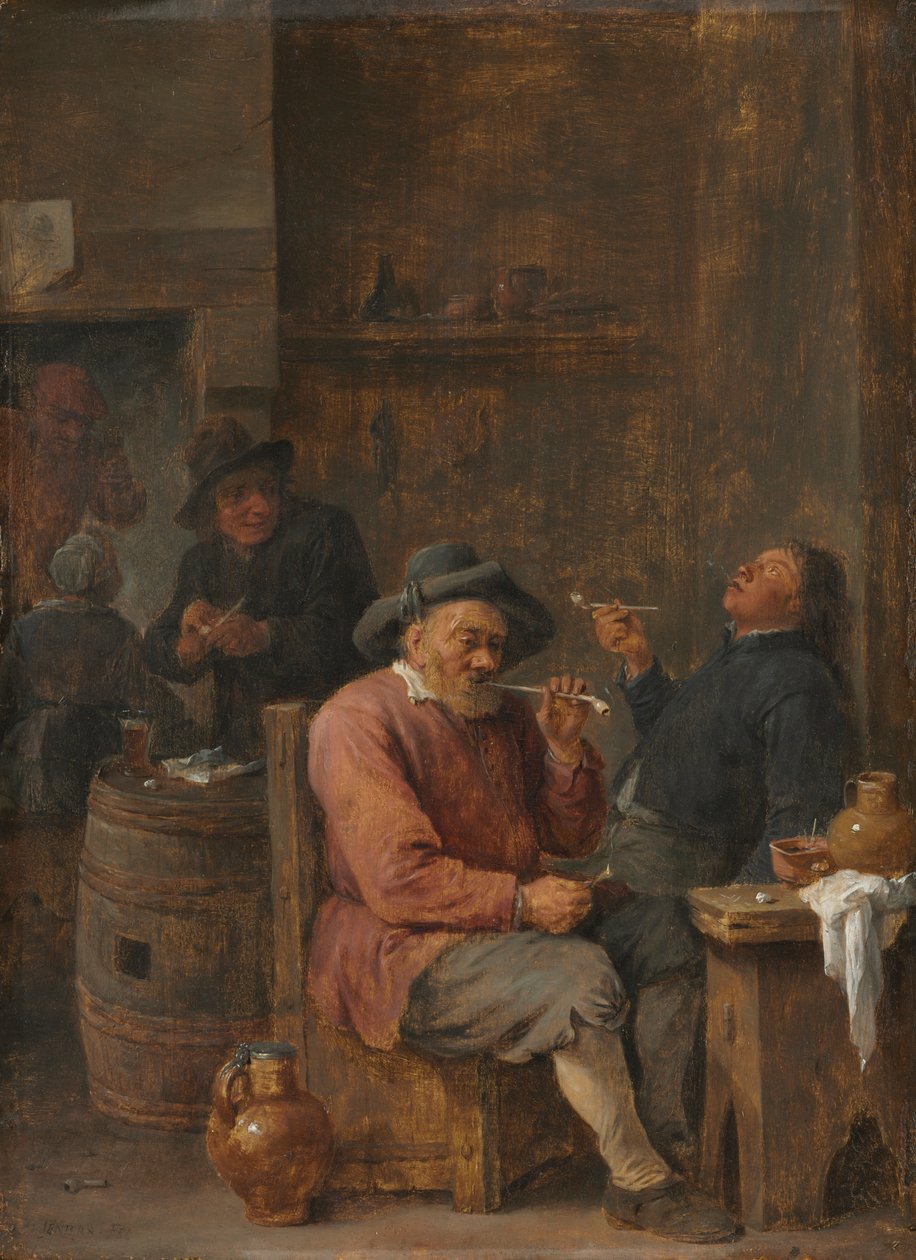 农民在客栈吸烟，c。 1640（木板油画） 作者 小大卫·特尼尔斯